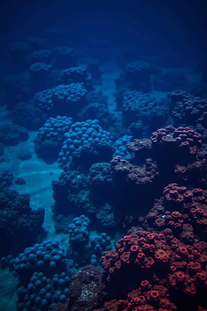 A cinematic style photograph of the Great Barrier Reef, Australia, in vivid electric colors. The composition and lighting evoke a film like aesthetic