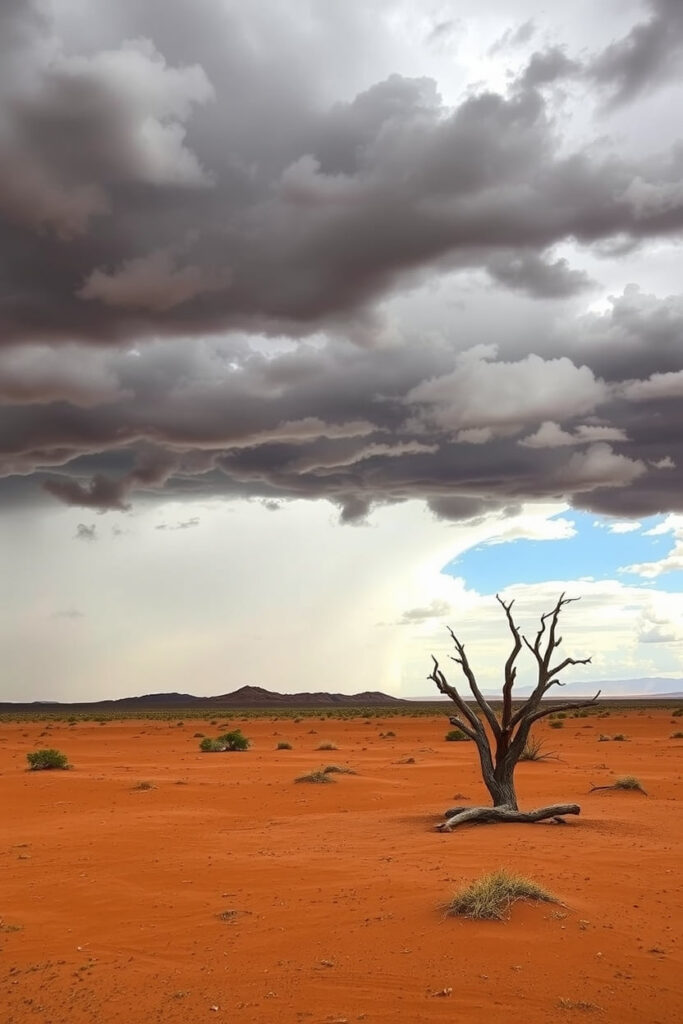 A dramatic Namib Desert, Namibia scene featuring intense stormy skies, high tension, and adorable charming features