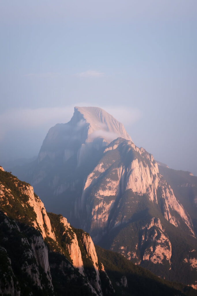 A high angle perspective of Mount Huashan, China, illuminated by gentle, soft light, featuring diffused shadows and subtle illumination, with a view