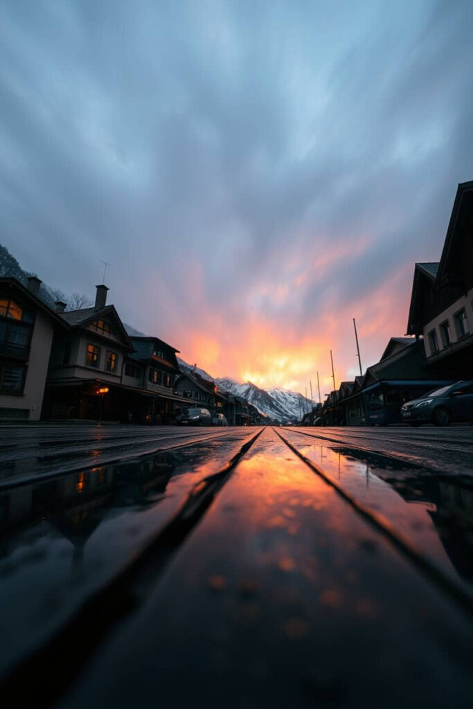 A low angle perspective photograph of Gimmelwald