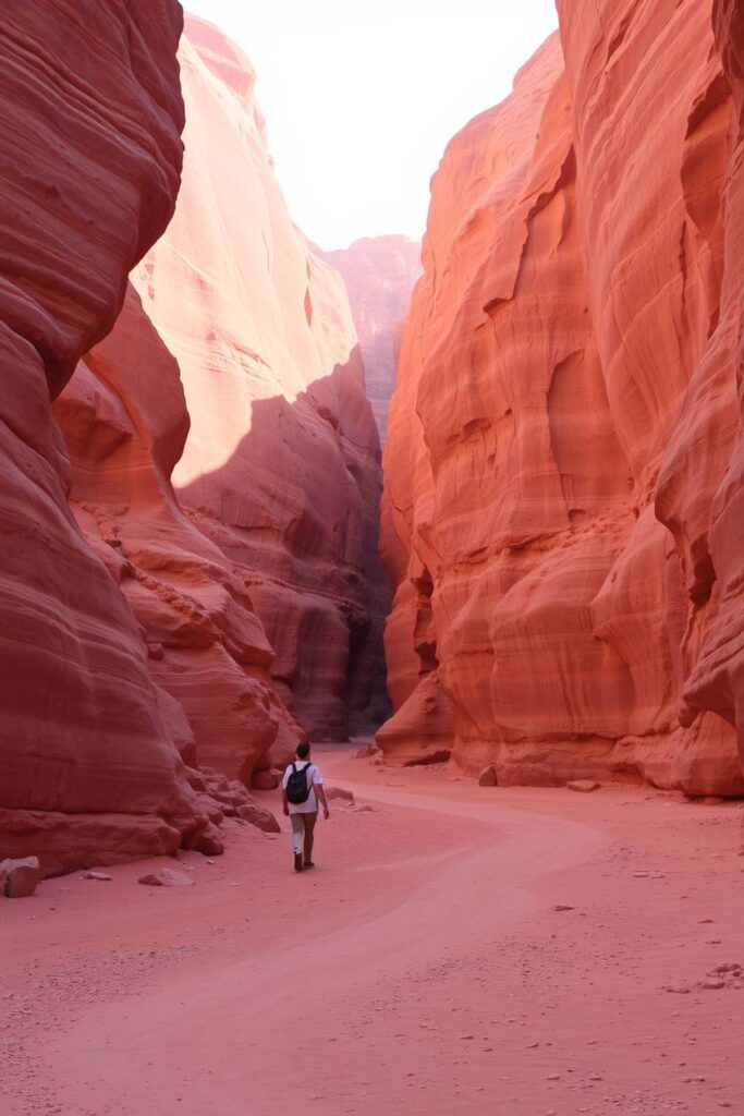 A photograph of Wadi Rum, Jordan, during the warm golden hour, featuring soft light, earthy brown and beige tones, and muted colors