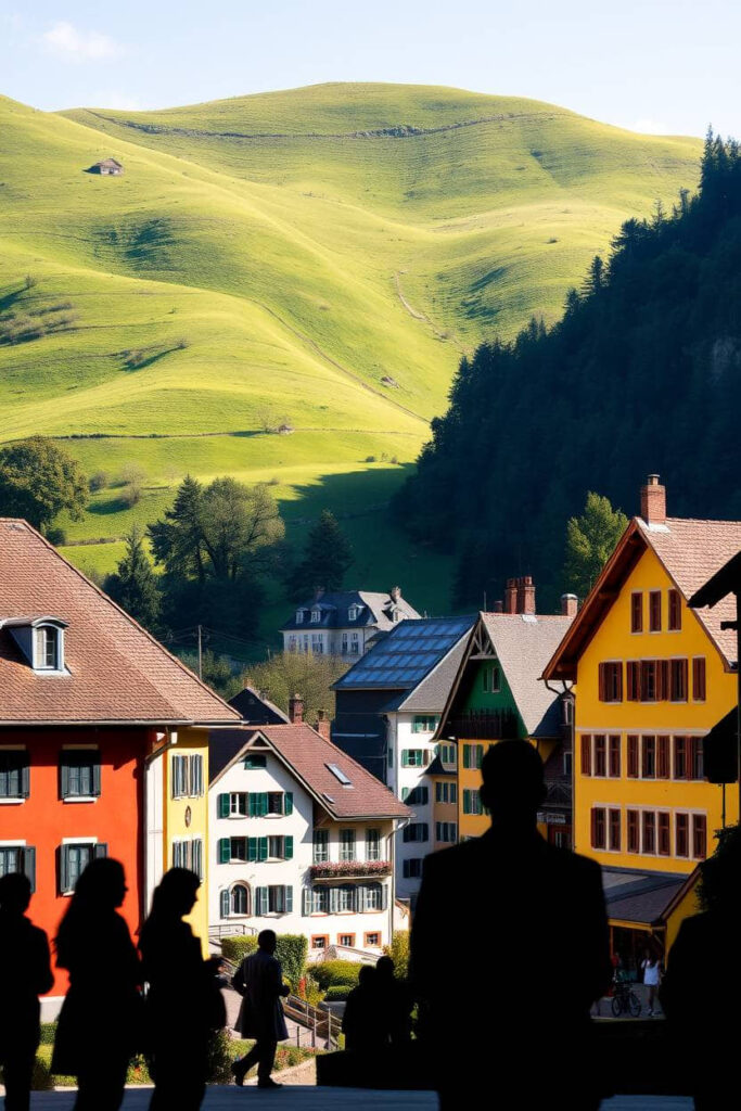 A professional photograph depicting Appenzell, Switzerland with geen rolling hill