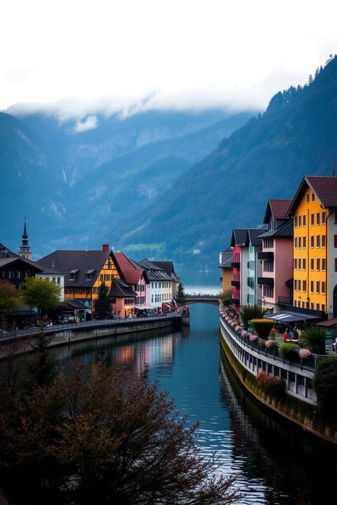 A professional photograph of Interlaken, Switzerland, with vibrant complementary colors
