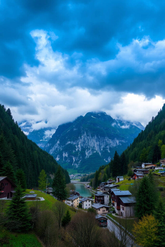 A professional photograph of Lauterbrunnen, Switzerland, depicting intense, dramatic weather in cool colors