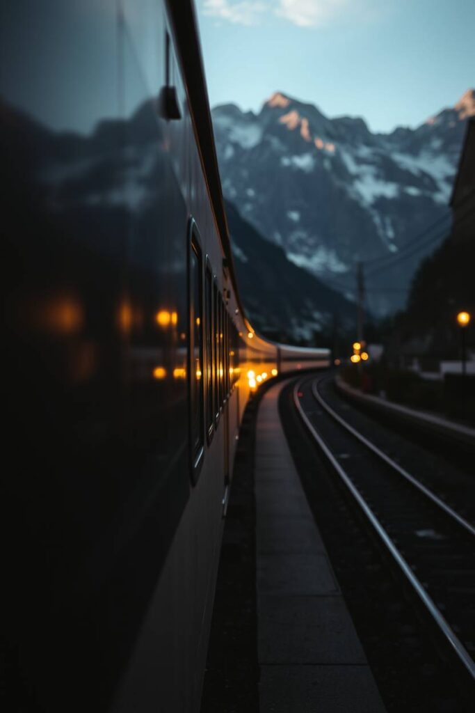 A professional photograph of a grand, epic scene of a train in Switzerland, lit with gentle soft light
