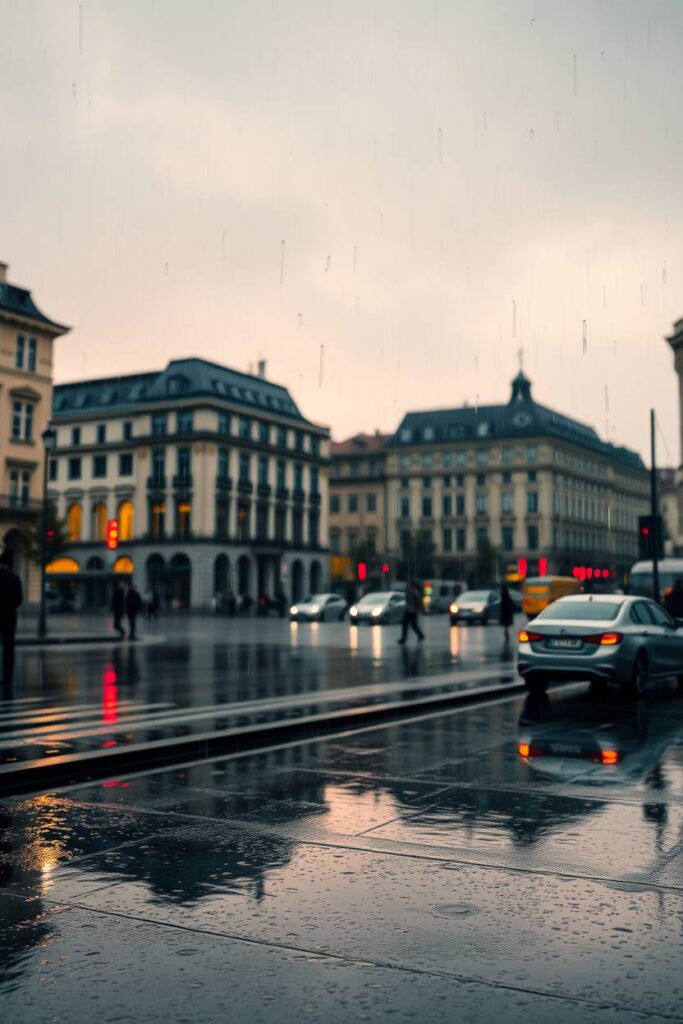 A professional photograph portraying a wet, rainy scene in Zurich, Switzerland