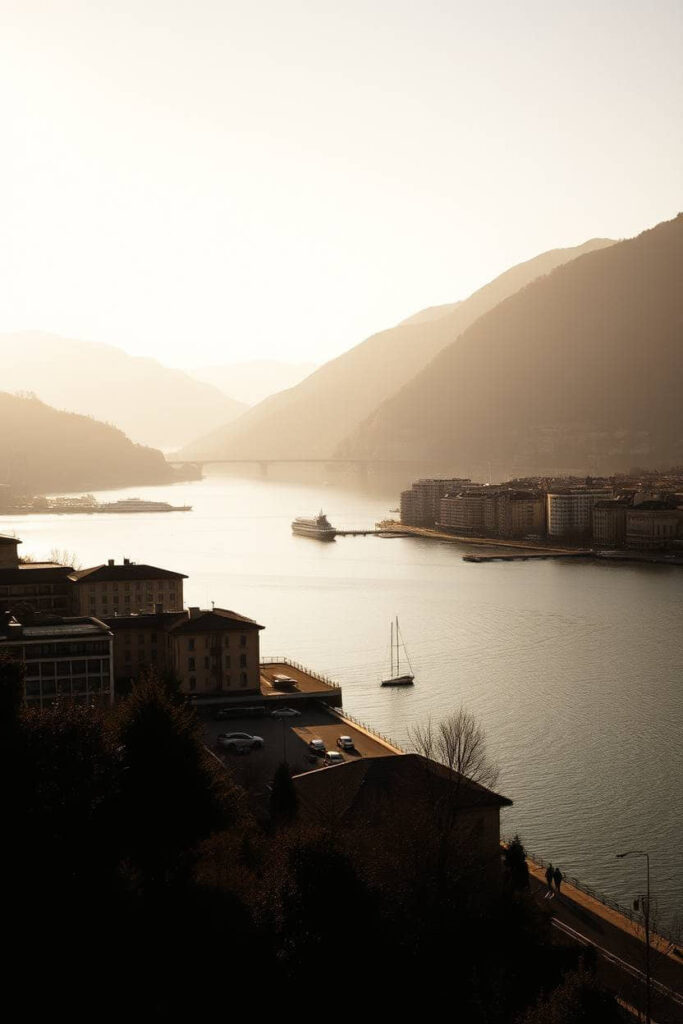 A professional, warm toned photograph of Lugano, Switzerland