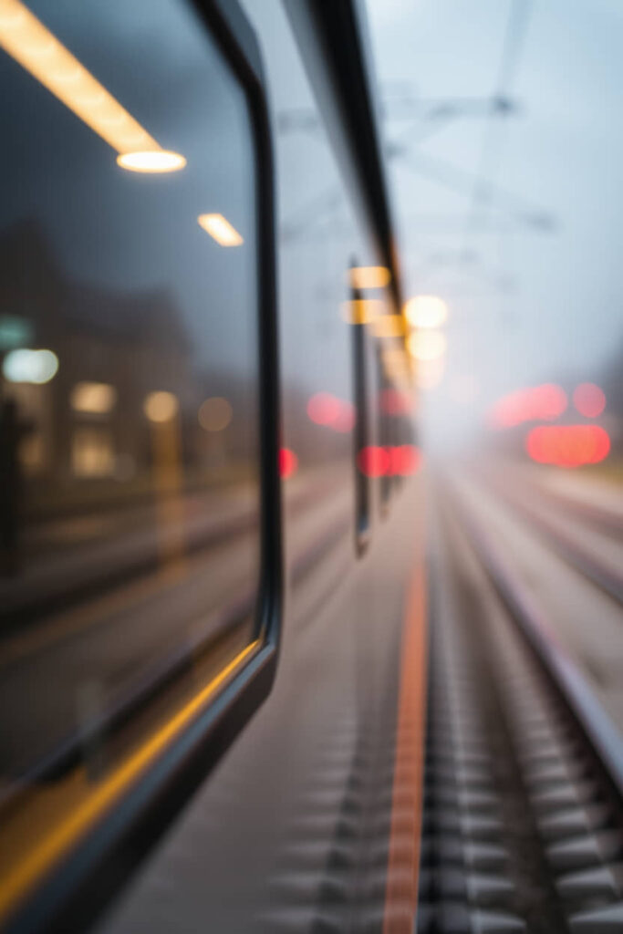 A soft, cinematic haze long exposure photograph featuring a tight close up shot of Switzerland's scenic train routes