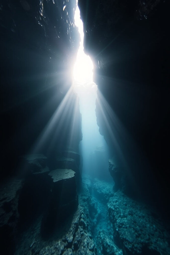 A surreal underwater scene in Silfra Fissure, Iceland contrasting chiaroscuro lighting, eerie atmosphere, crystal clear water, dark tones, unsettling