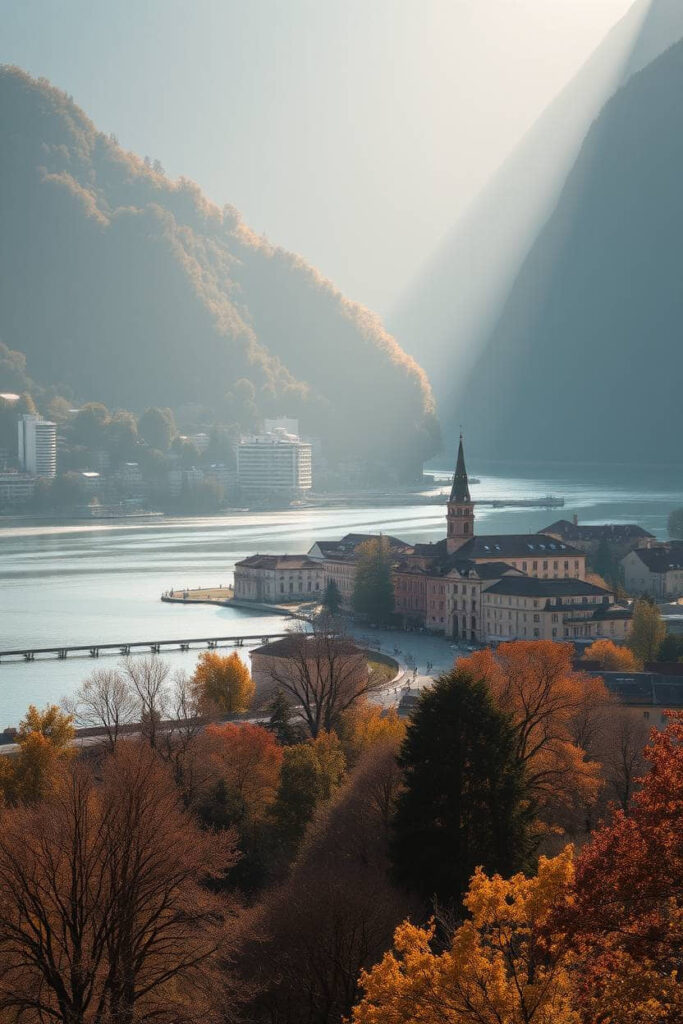 A warm, cozy fine art photograph of Lugano, Switzerland, bathed in golden hour light and autumnal colors