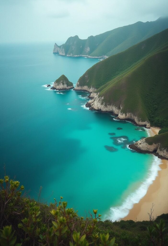 Aerial view of Fernando de Noronha, Brazil, showcasing the turquoise waters and lush green hills, with sandy beaches and rocky cliffs in the foreground.