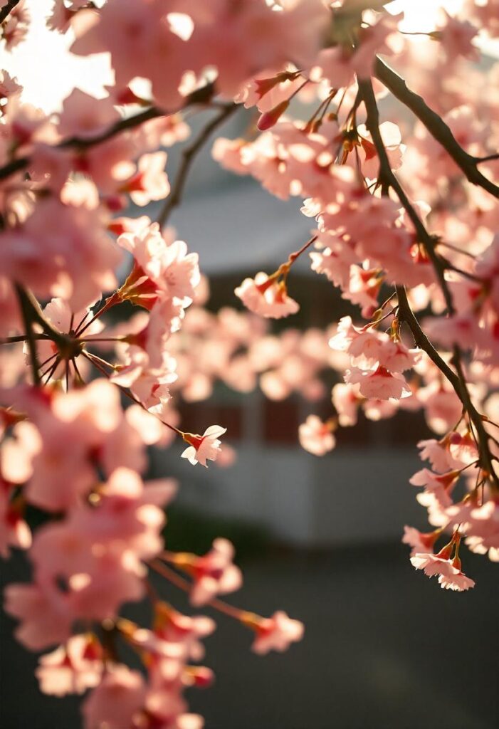 Cherry Blossoms in Kyoto Delicate pink flowers framing a tranquil scene. (1)