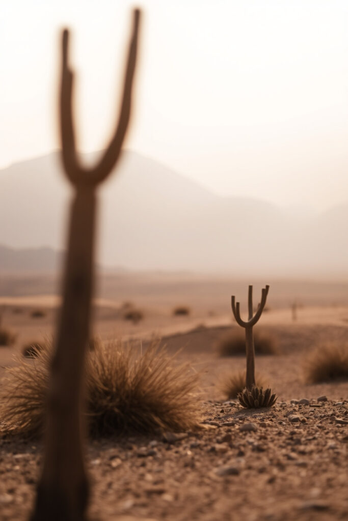 Cinematic portrayal of the Atacama Desert, Chile, with a soft focus and hazy background