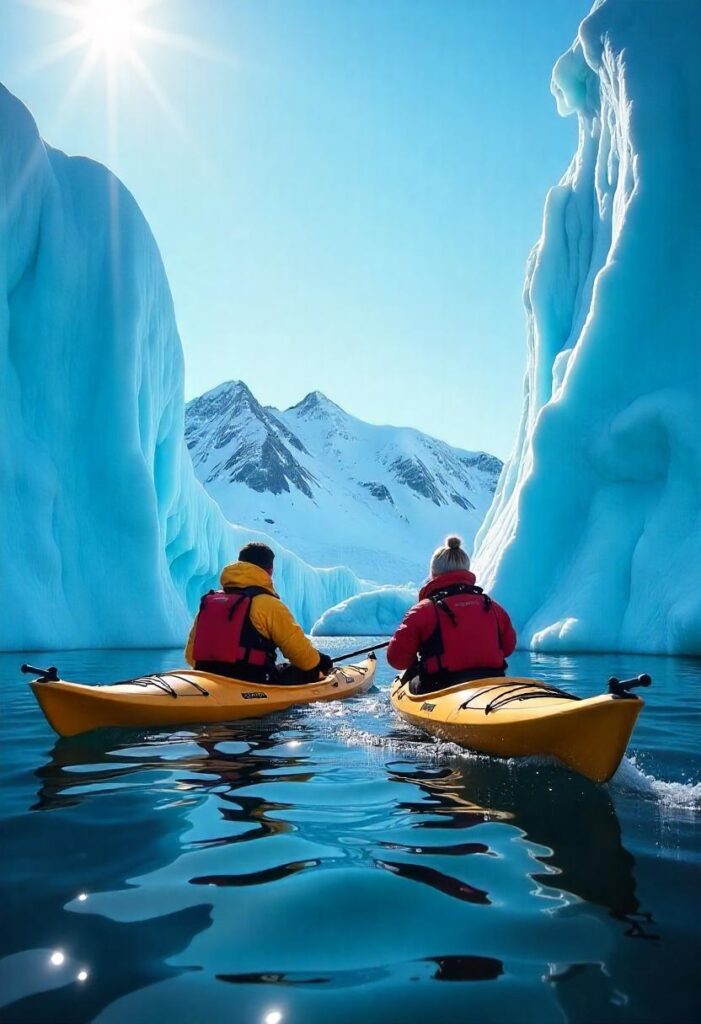 Greenland Ilulissat Icefjord Kayak between ancient icebergs.