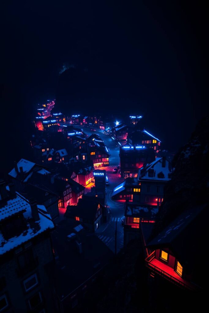 High angle, professional photograph of Grindelwald, Switzerland, showcasing rich burgundy and deep blue bioluminescent glows