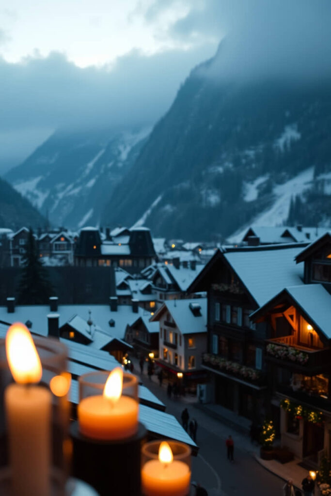 High angle, professional photograph of Grindelwald, Switzerland, showcasing warm candlelight in a moody style