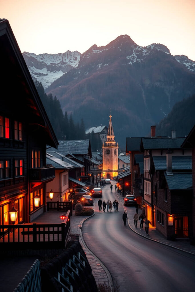 High angle, professional photograph of Grindelwald, Switzerland. Warm creative light art, artistic lighting, abstract patterns