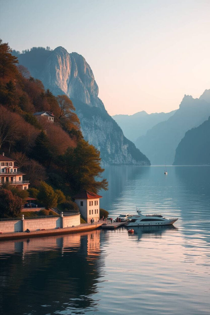 High resolution Lake Lucerne scene in soft pastel colors