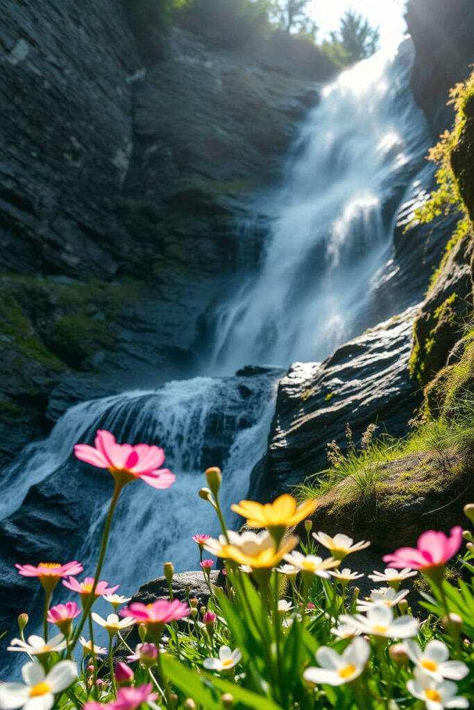 High resolution photo Low angle perspective of Swiss spring flowers and waterfalls