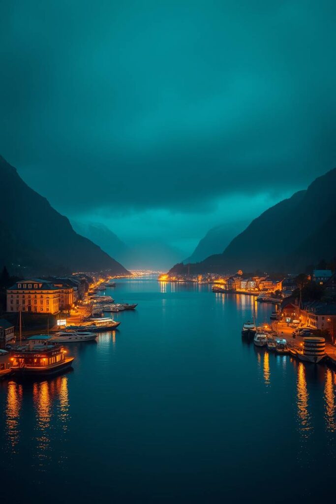 High resolution photo of Interlaken between two lakes, illuminated by rich deep teal candlelight