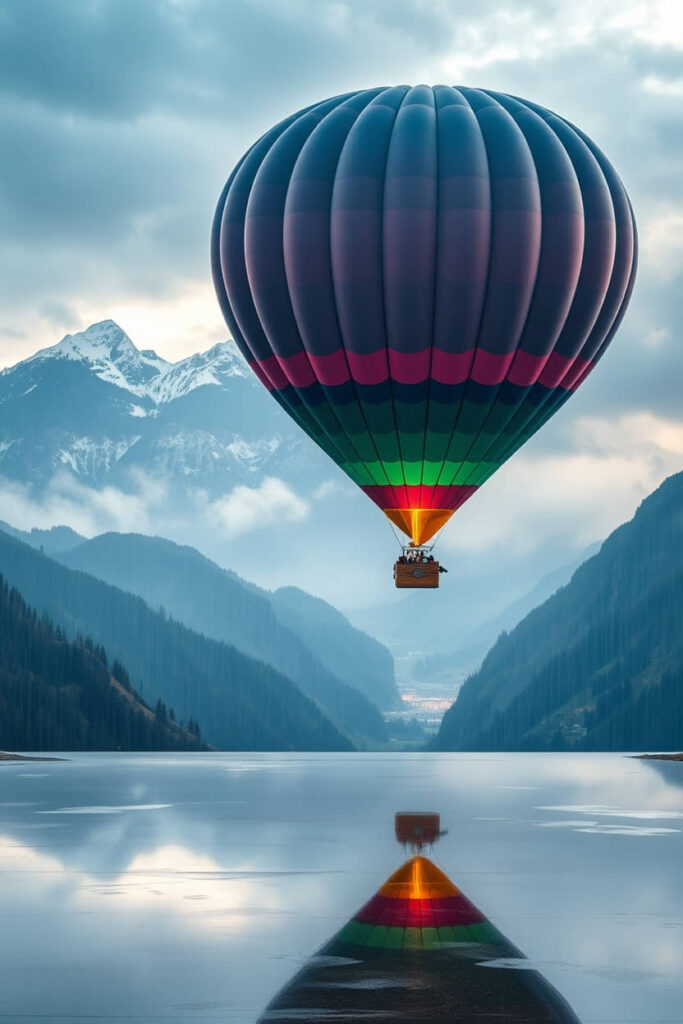 High resolution stock photo A breathtaking view of a hot air balloon gracefully floating over the rain drenched Alps in Château d’Oex
