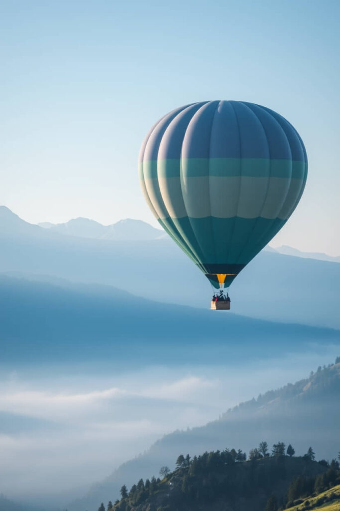 High resolution stock photo A soft, cinematic haze envelops a hot air balloon flying over the Château d’Oex Alps