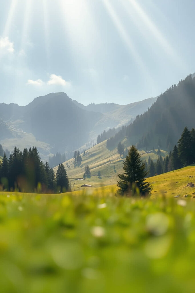 High resolution stock photo Low angle perspective of Swiss Alpine meadows in summe