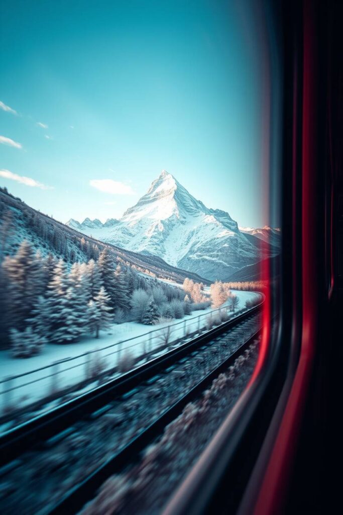 High resolution stock photo a low angle panoramic view from a Swiss train window, showcasing the Jungfrau mountain