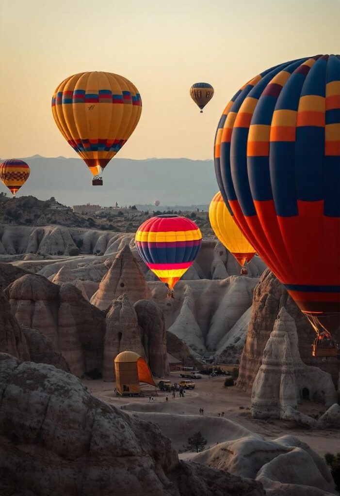 Hot Air Ballooning in Cappadocia Colorful balloons soaring over unique rock formations.