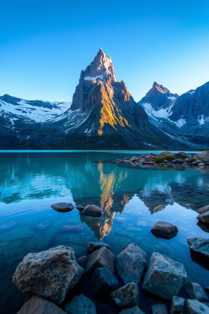 Iridescent colors reflecting on turquoise lakes and twisted peaks in Patagonia's Torres del Paine, a candid street photography style emphasizing spon
