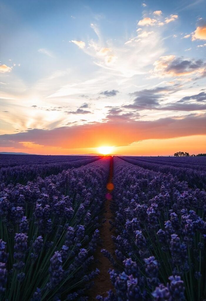 Lavender Fields in Provence A calming view of endless purple fields under a sunset sky. (1)
