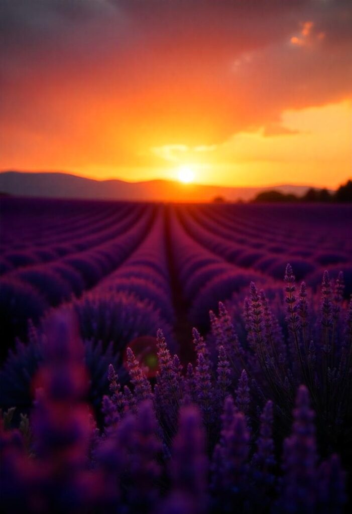 Lavender Fields in Provence A calming view of endless purple fields under a sunset sky. (2)