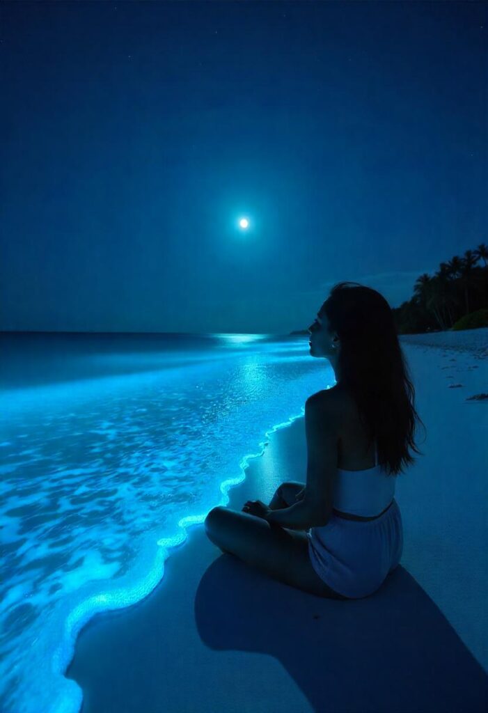 Maldives’ Bioluminescent Beach Where the ocean glows under starlit skies.