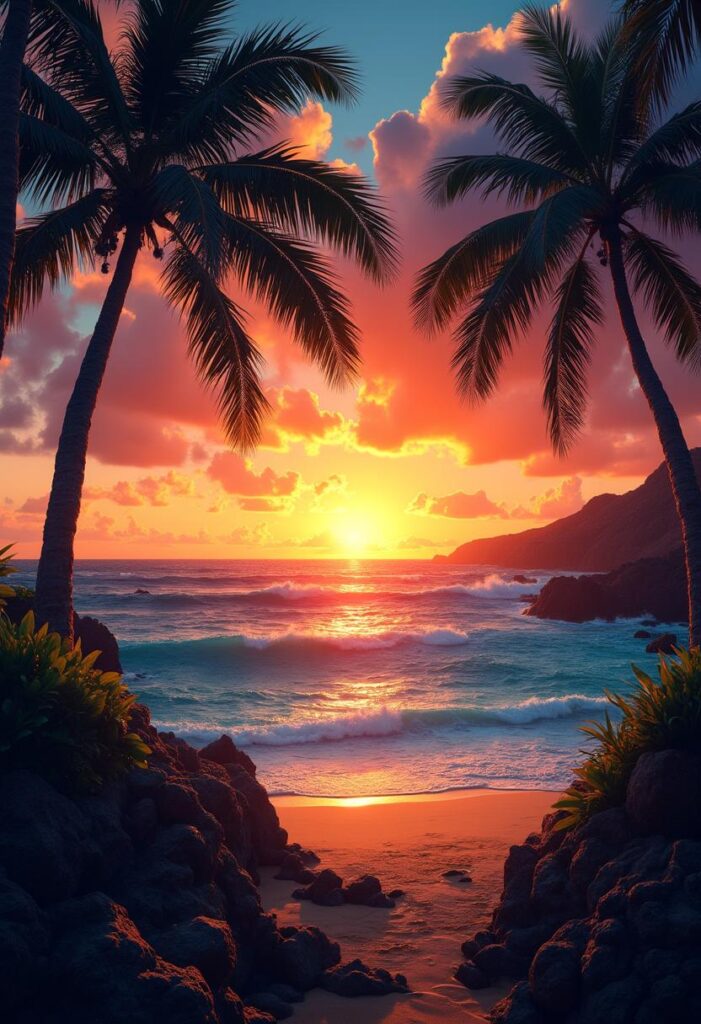 Maui, Hawaii A sunset view over the Pacific Ocean, with palm trees swaying in the breeze (1)