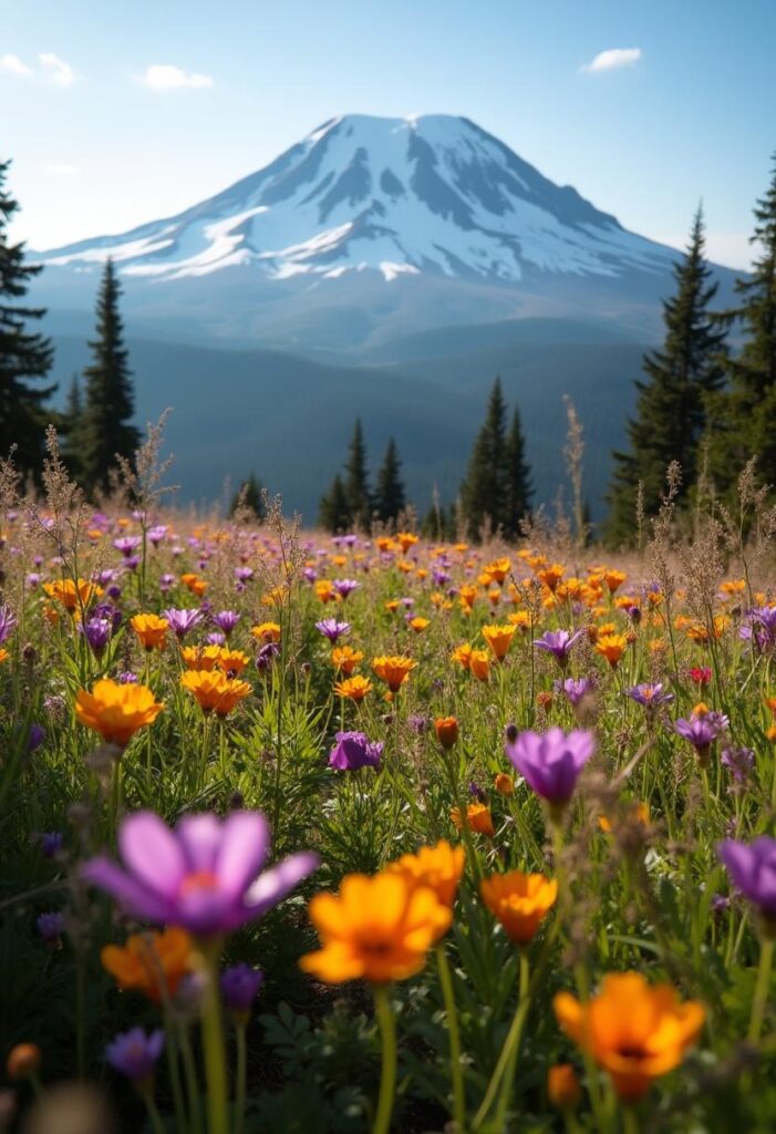 Mount Rainier, Washington The majestic beauty of Mount Rainier surrounded by wildflowers in summer (1)