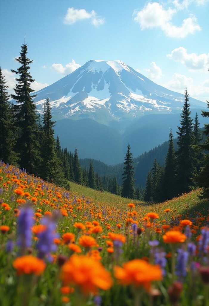 Mount Rainier, Washington The majestic beauty of Mount Rainier surrounded by wildflowers in summer (2)