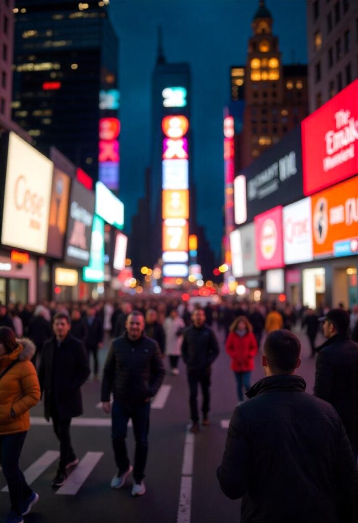 New York City A bustling Times Square view, full of lights and life.