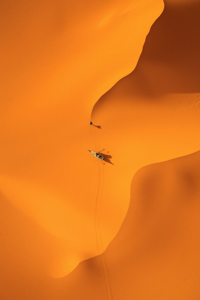 Overhead bird's eye view of the Sahara Desert in Morocco bright vibrant colors