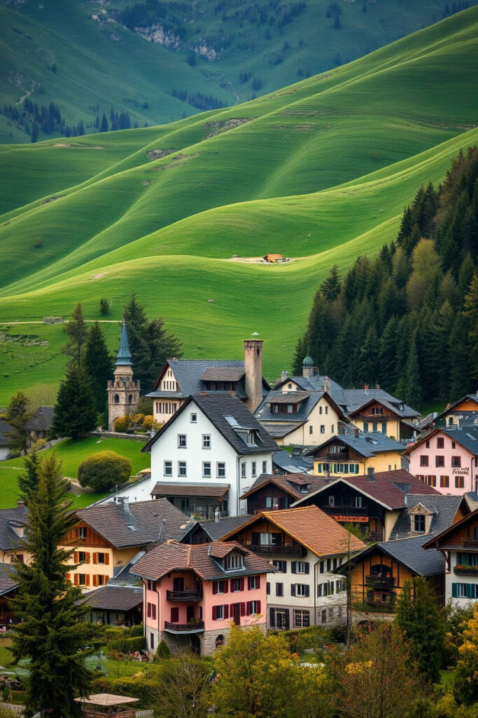 Professional photograph of Appenzell, Switzerland rolling green hills
