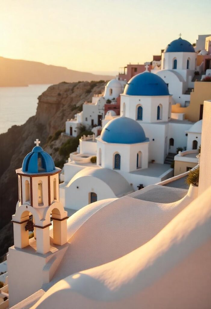 Santorini, Greece The iconic white washed buildings with blue domes set against the Aegean Sea can evoke feelings of tranquility and beauty. (1)