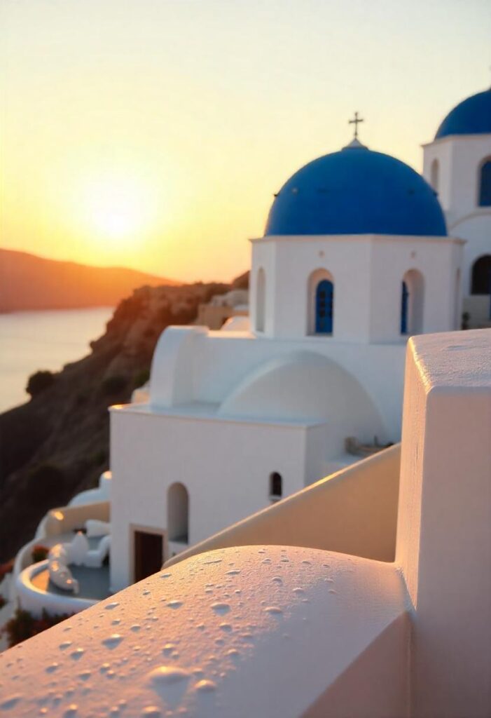 Santorini, Greece The iconic white washed buildings with blue domes set against the Aegean Sea can evoke feelings of tranquility and beauty. (2)