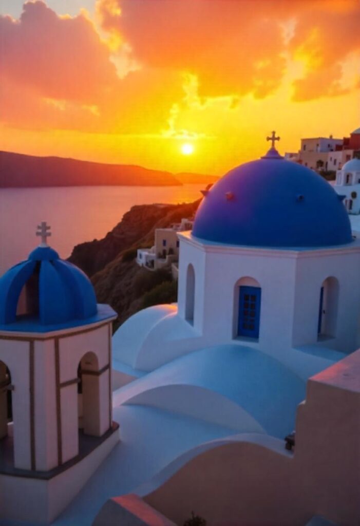 Santorini Sunset The iconic blue domes against a fiery sunset. (1)