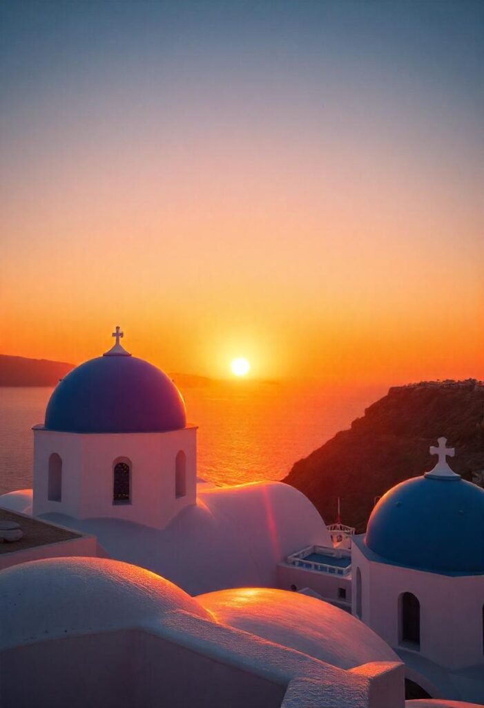 Santorini Sunset The iconic blue domes against a fiery sunset. (2)