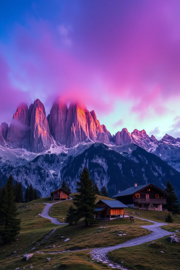 Vibrant, complementary colors paint a mystic, enchanting environment in the Dolomites; gentle color contrasts create a dreamlike atmosphere and other