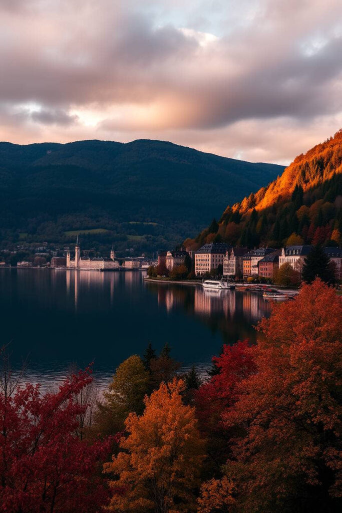 Warm autumn colors and contrasting chiaroscuro lighting depict Lake Lucerne, Switzerland