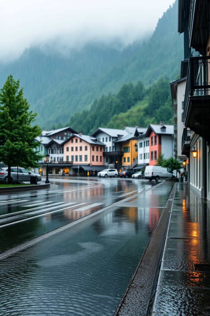 Wet, rainy scene in Lauterbrunnen. Smooth color gradient, drizzling rain, reflective surfaces, epic scale, commercial quality, seamless blending