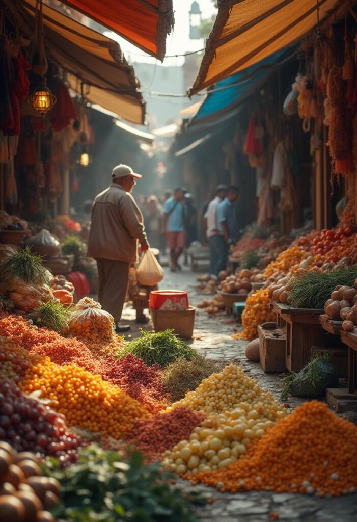a bustling market filled with vibrant colors and textures, showcasing a travel aesthetic (2)