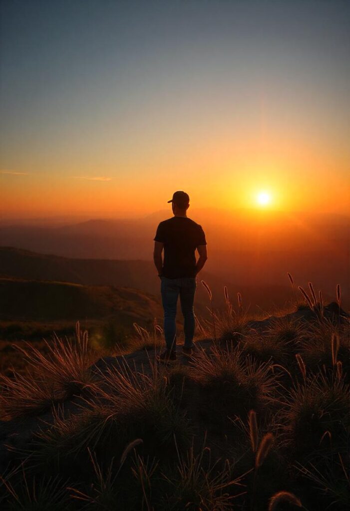 a photo capturing the warm golden light of sunrise over a picturesque landscape, evoking a travel aesthetic