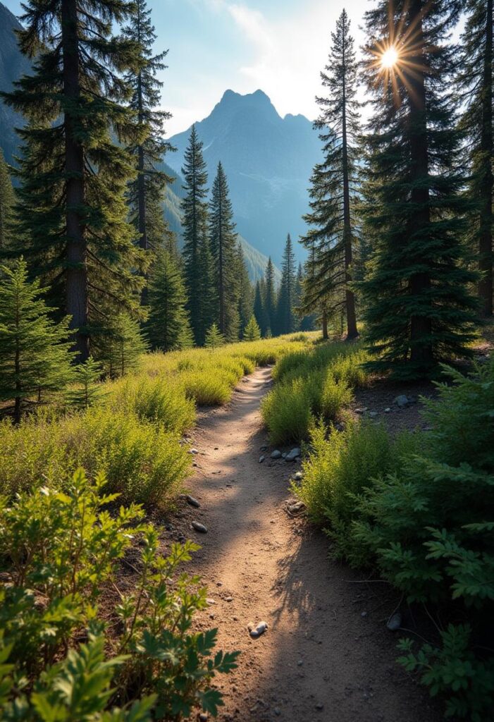 a photo of a hiking trail in Banff, highlighting the natural beauty and adventure, reflecting a travel aesthetic (1)