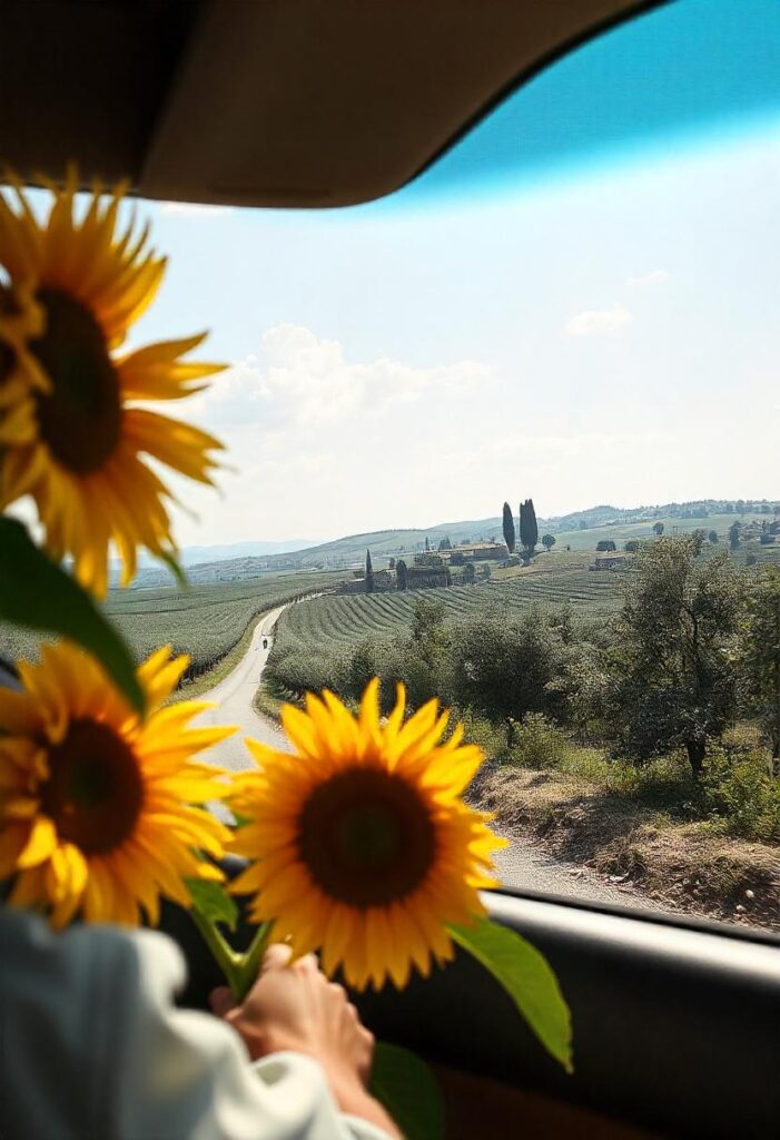 a photo of a scenic drive through Tuscany, featuring sunflowers and olive groves, embodying a travel aesthetic (1)
